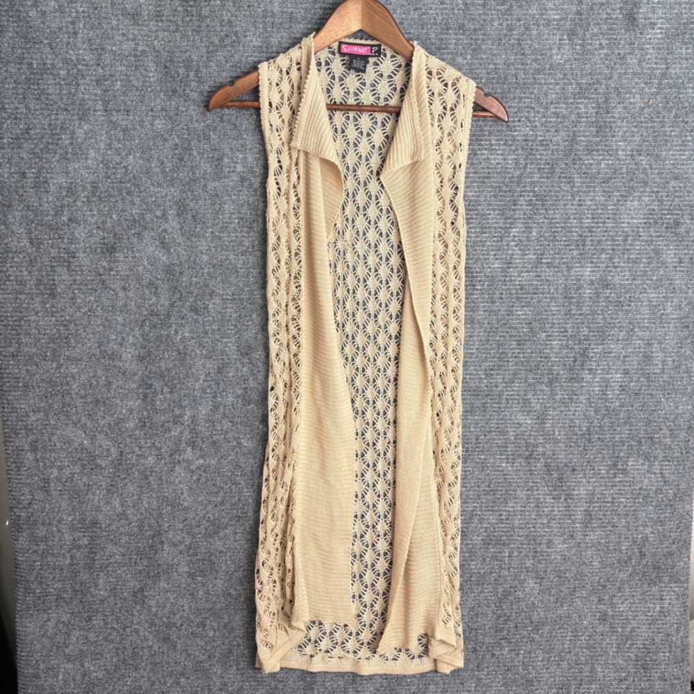 SAYWHAT? USA Womens Beige Crochet Knit Longline Vest Open Front Cardigan Y2K